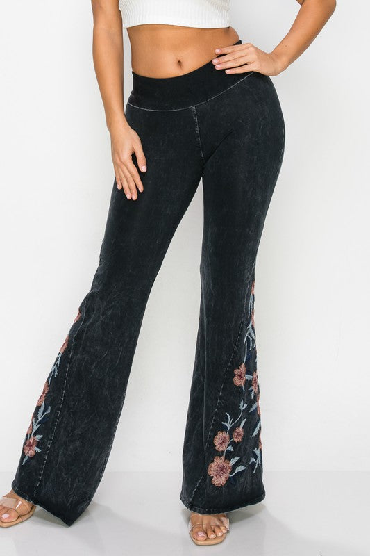 T-Party Flower Embroidery Flare Foldover Pants - Black
