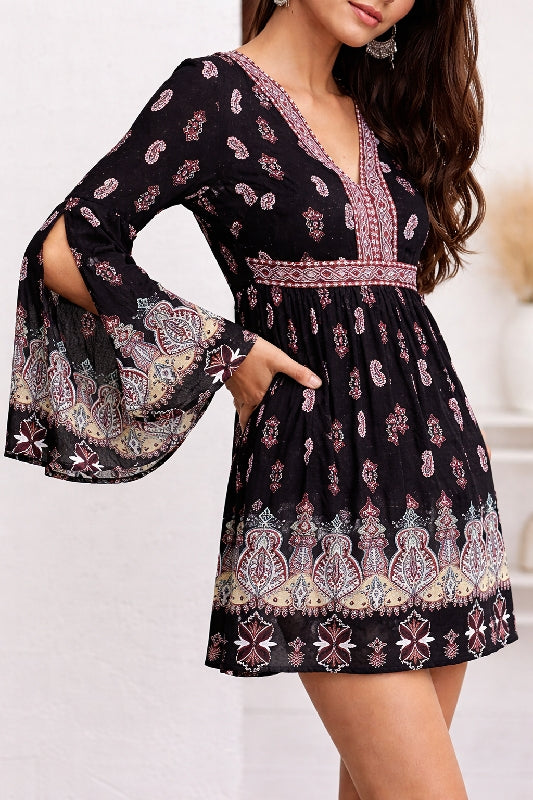 Lunik Paisley Black Bell Sleeve Dress