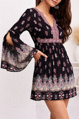 Lunik Paisley Black Bell Sleeve Dress