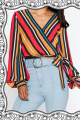 Flying Tomato Striped Wrap Crop Blouse