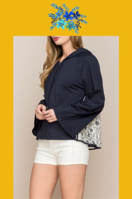 Monoreno Back Floral Lace Zip Up Hoodie - Navy