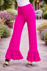 Double Ruffle Hem Soft Stretch Foldover Pants - Multiple Colors
