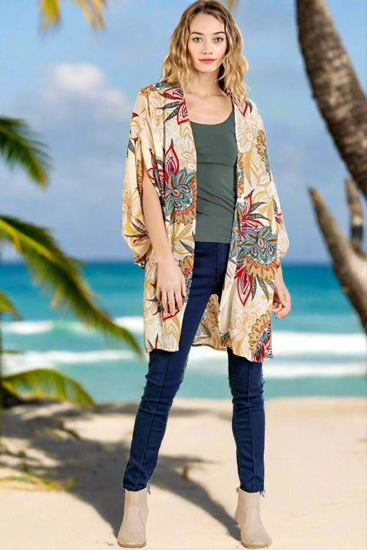 Umgee Tropical Split Sleeve Kimono - Cream Green