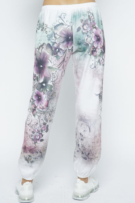 Vocal Floral Print Soft Brush Lounge Sweatpants - Multi White