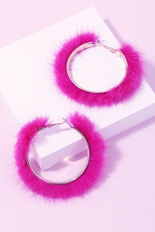 Faux Fur Pierced Hoop Earrings - Black/ Fuchsia/ Red