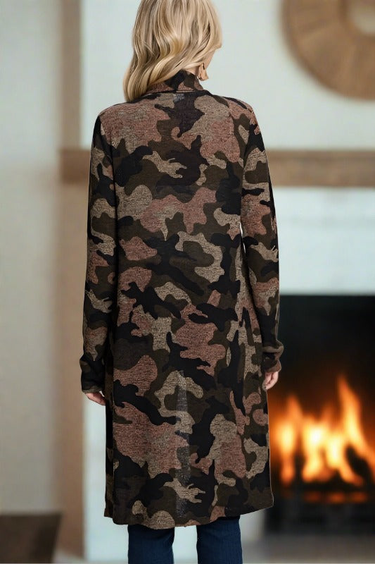 Long Camo Knit Drape Front Cardigan Sweater - Olive Brown