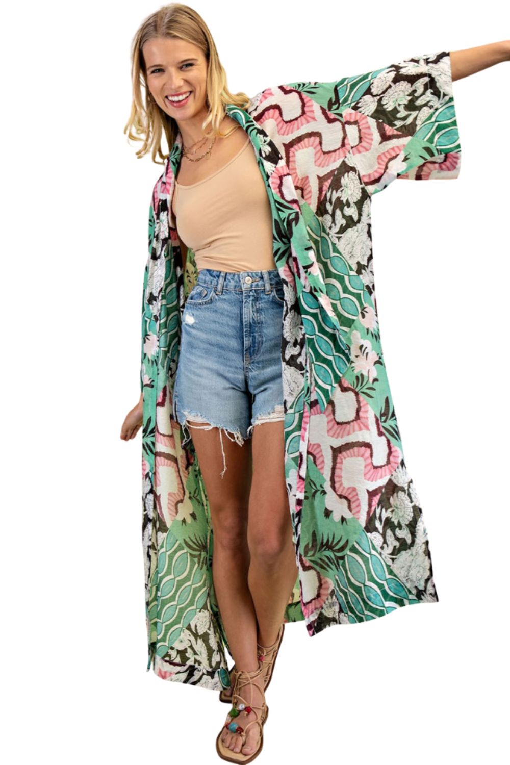 Gigio Scarf Tie Floral Print Kimono Cover Up - Green Mix