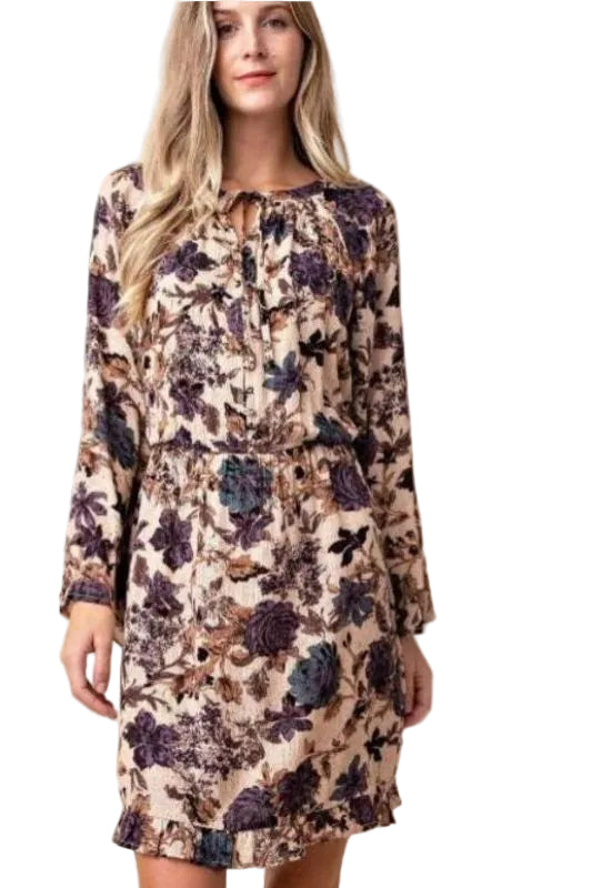Kori Floral Ruffle Hem Dress - Taupe/Purple