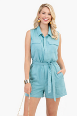 Kori Utility Cargo Tie Waist Romper - Aquamarine
