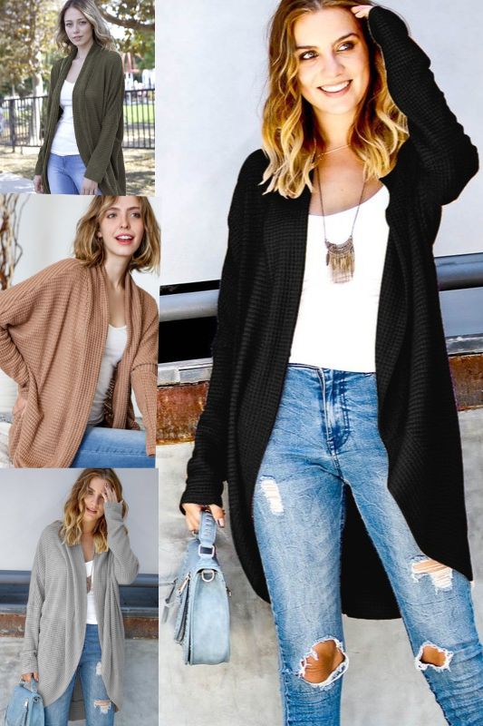 A collage of images showing a cardigan in various colors, with a female model wearing the cardigan in different colors. The cardigan is depicted in beige, black, gray, and another color, all showing the long dolman sleeves and cocoon styling.