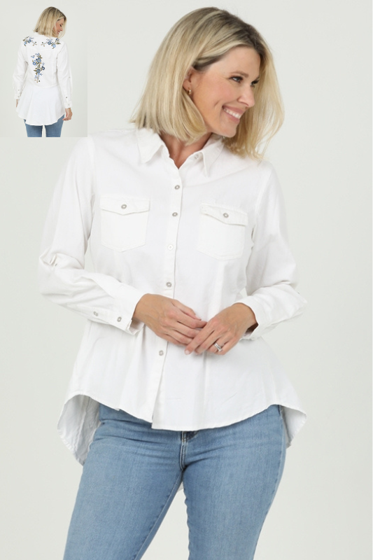 Embroidered Hi Lo Peplum Button Down Shirt - Denim Ivory