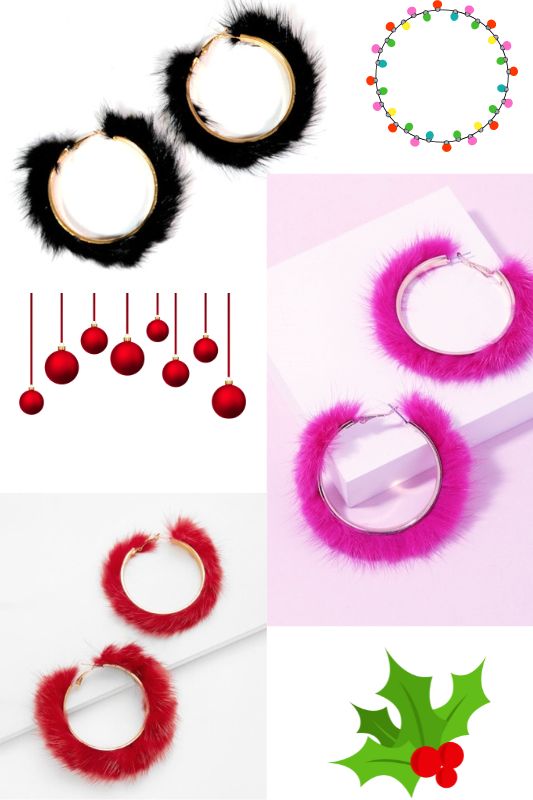 Faux Fur Pierced Hoop Earrings - Black/ Fuchsia/ Red