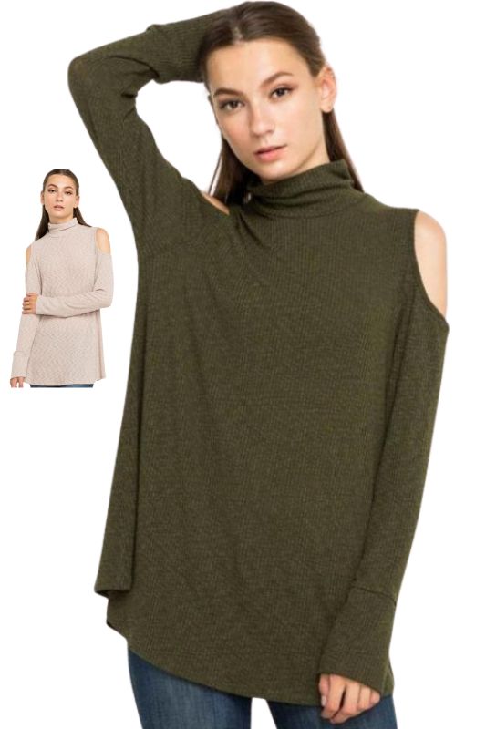 *CLOSEOUT SALE Mittoshop Mock Turtleneck Cold Shoulder Top - Olive or Taupe