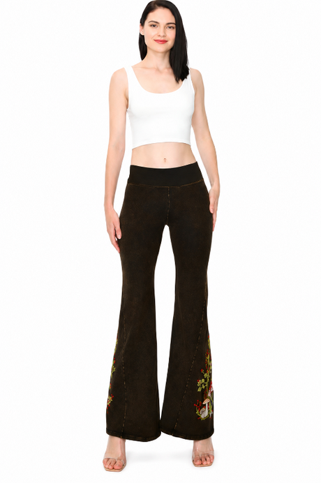 Dexterous / T-Party Mushroom Embroidered Yoga Pants - Brown