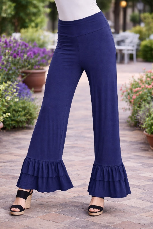 Double Ruffle Hem Soft Stretch Foldover Pants - Multiple Colors