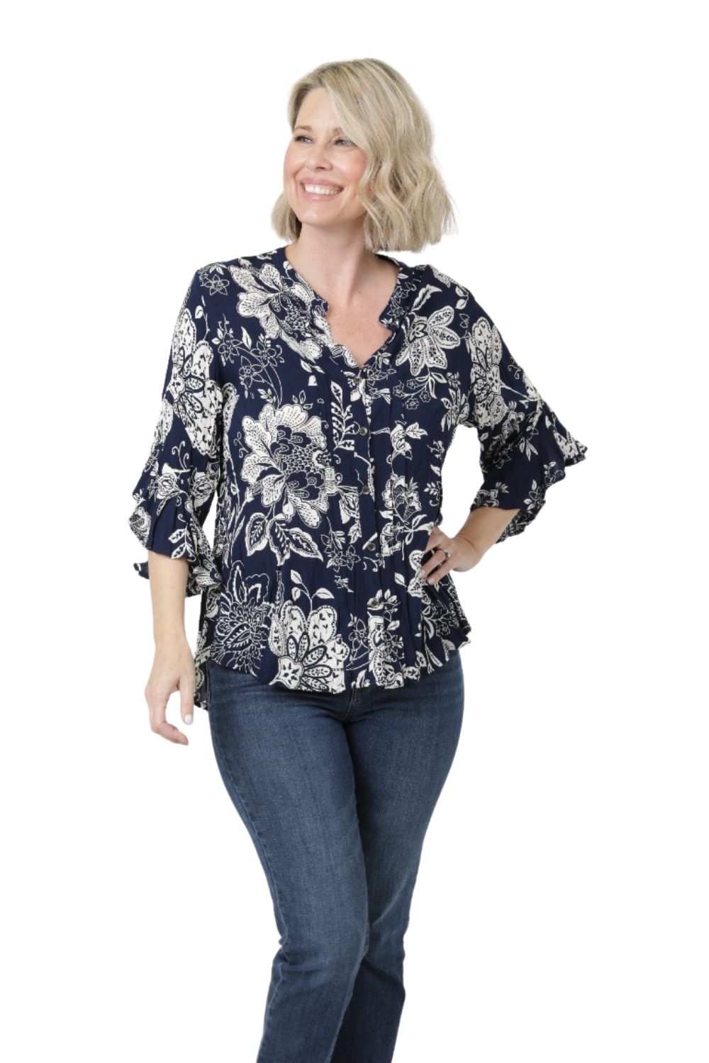 Boho Tropical Split V Neck Blouse - Navy