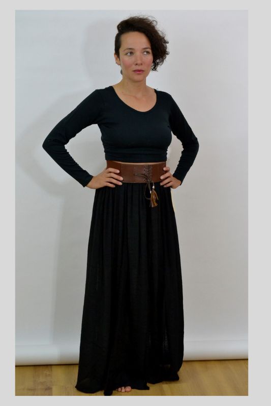 Lace Stripes Maxi Skirt with Wide Belt-Black