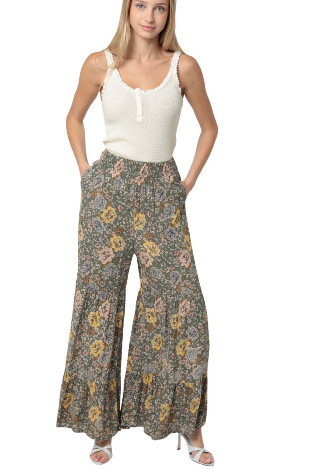 Angie May Flowers Flowy Ruffle Hem Pants - Olive