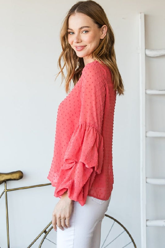 Coral Swiss Dot Tiered Bell Sleeve Blouse