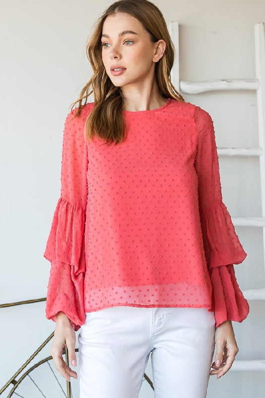 Coral Swiss Dot Tiered Bell Sleeve Blouse
