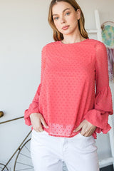 Coral Swiss Dot Tiered Bell Sleeve Blouse