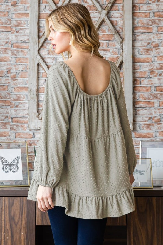 Olive Swiss Dot Tiered Puff Sleeve Square Neck Blouse