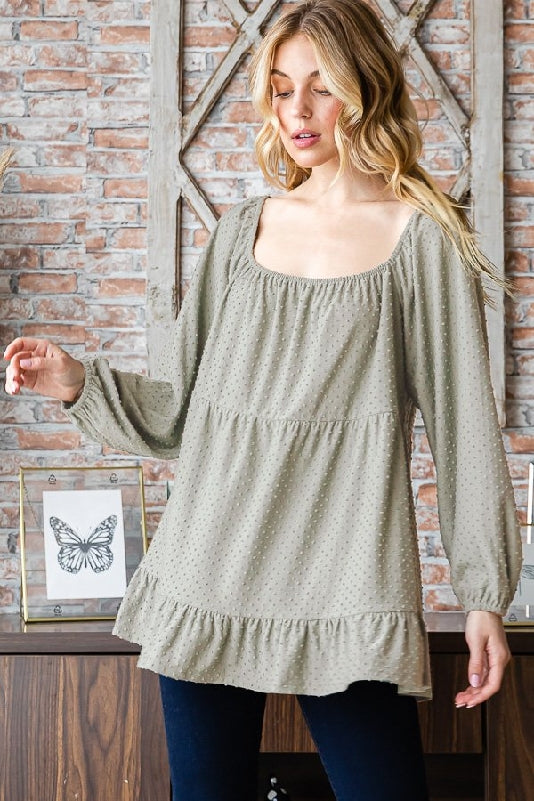 Olive Swiss Dot Tiered Puff Sleeve Square Neck Blouse