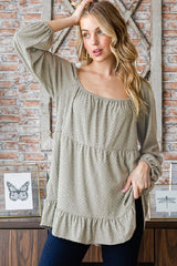 Olive Swiss Dot Tiered Puff Sleeve Square Neck Blouse