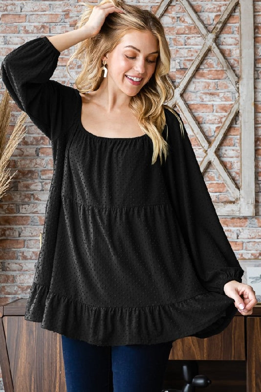 Black Swiss Dot Tiered Puff Sleeve Square Neck Blouse