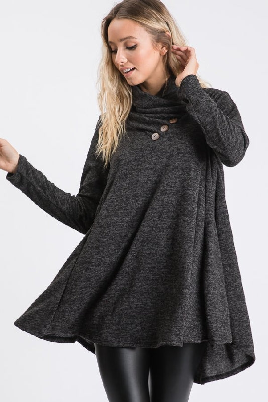 Black Cowl Neck Button Detail Tunic Top