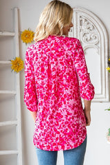 Fuchsia Floral Bulgari Knit Roll-Tab Sleeve Blouse