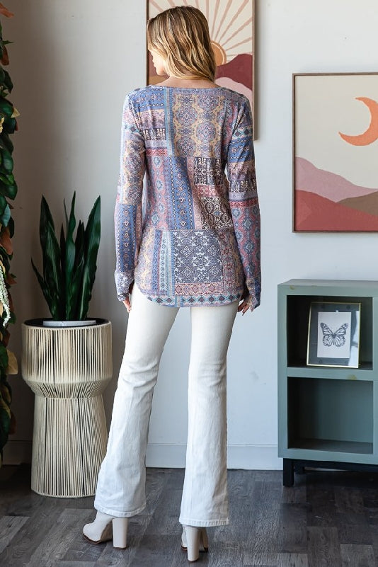 Catherine Vintage Patchwork Rib Knit Thumbhole Top