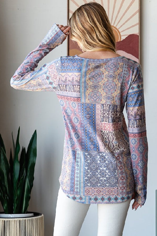 Catherine Vintage Patchwork Rib Knit Thumbhole Top