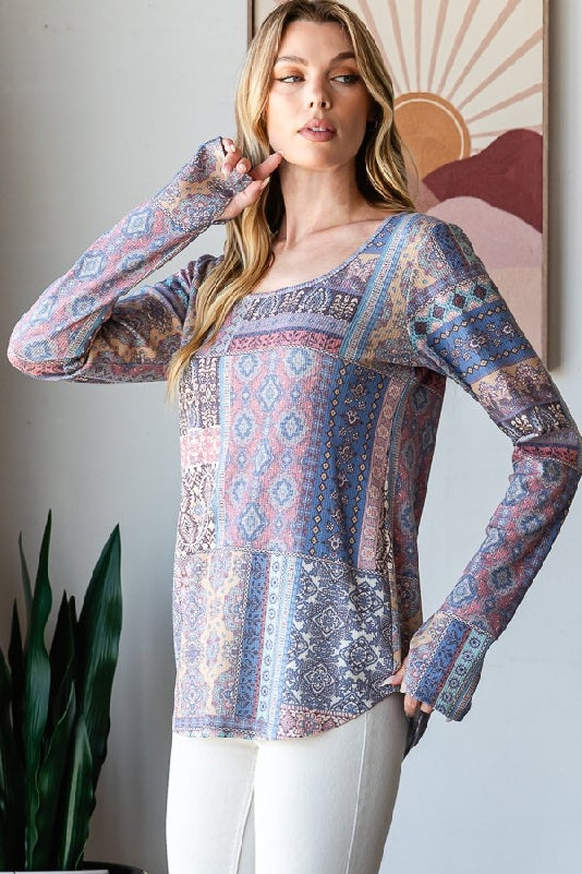 Catherine Vintage Patchwork Rib Knit Thumbhole Top