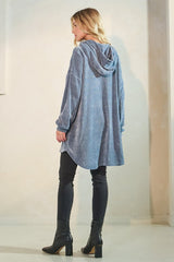 Dusty Denim Blue Hooded Button Front Cardigan with Pockets