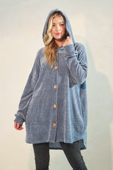 Dusty Denim Blue Hooded Button Front Cardigan with Pockets