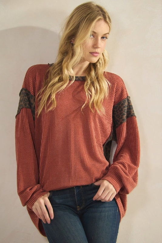 Catherine Rust Ribbed Color Block Tunic Top