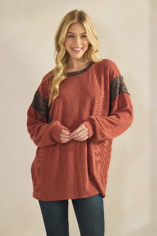 Heimish Rust Ribbed Color Block Tunic Top