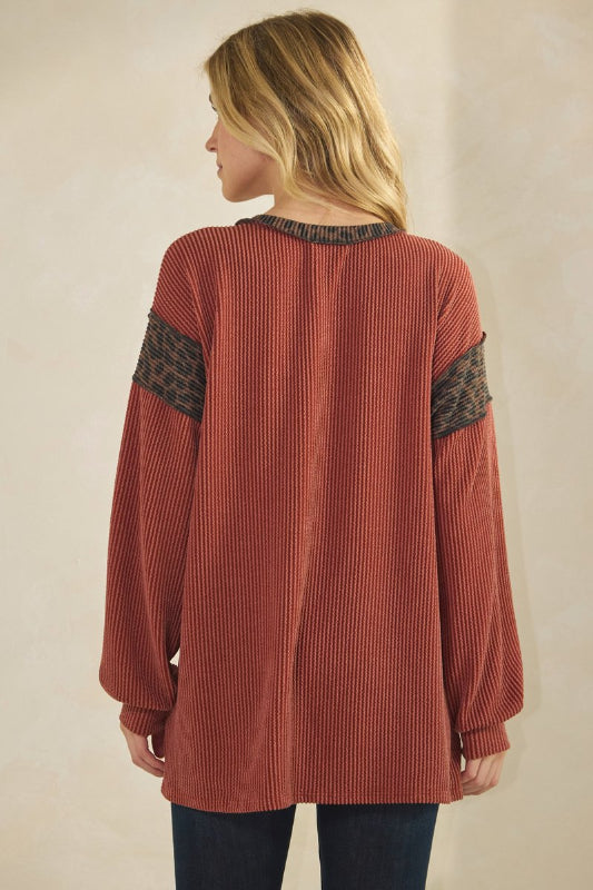 Catherine Rust Ribbed Color Block Tunic Top