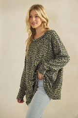 Olive Leopard Rib Knit Oversized Sweater Top