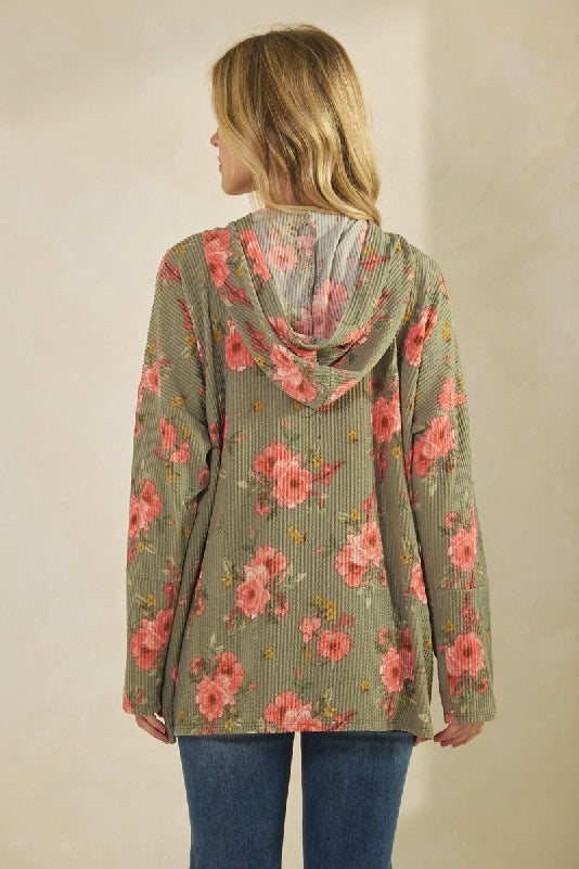 Floral Ribbed Knit Hoodie with Kangaroo Pocket - Olive Vintage