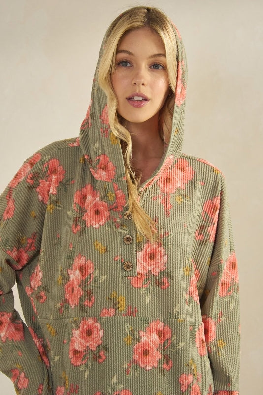 Floral Ribbed Knit Hoodie with Kangaroo Pocket - Olive Vintage
