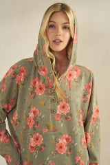Floral Ribbed Knit Hoodie with Kangaroo Pocket - Olive Vintage