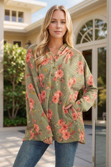 Floral Ribbed Knit Hoodie with Kangaroo Pocket - Olive Vintage