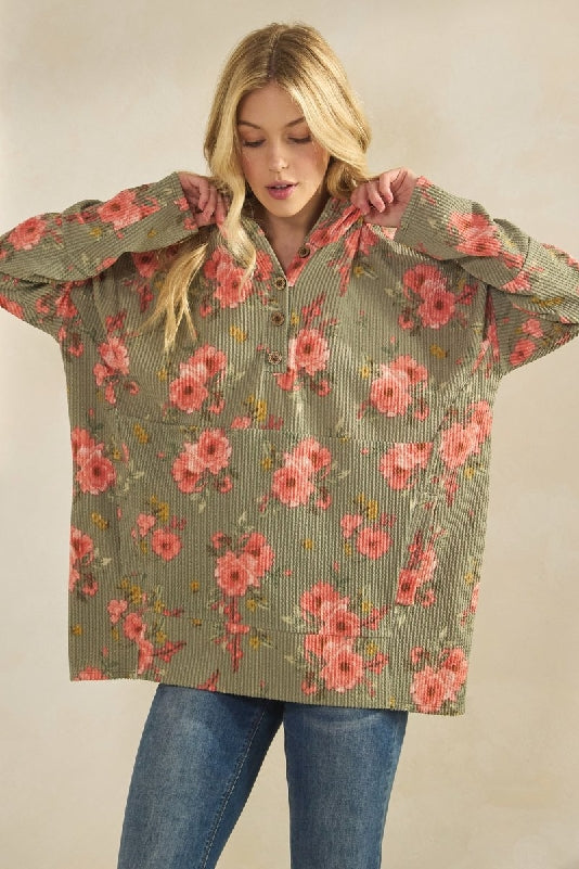 Floral Ribbed Knit Hoodie with Kangaroo Pocket - Olive Vintage