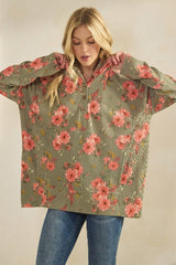 Floral Ribbed Knit Hoodie with Kangaroo Pocket - Olive Vintage