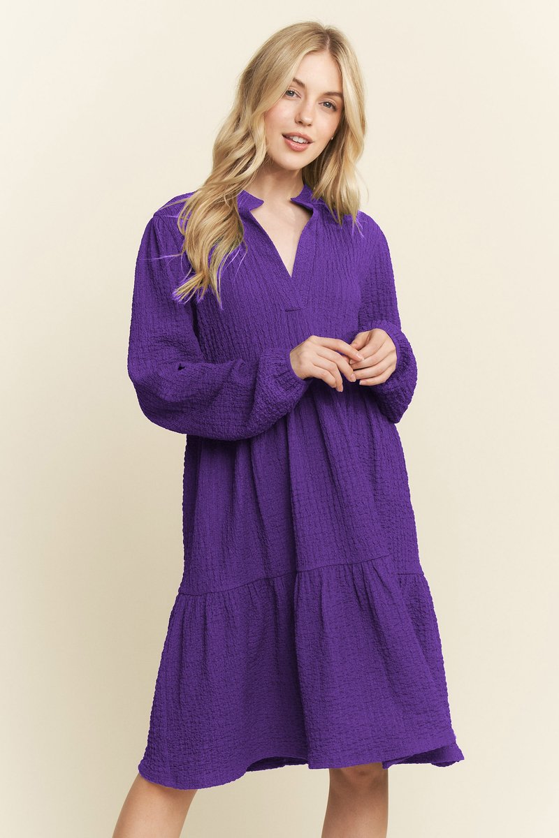 Purple Long Sleeve Mandarin Collar Tiered Dress