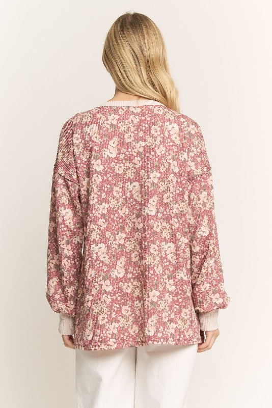 Marsala Floral Rib Knit Button Henley Top