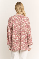 Marsala Floral Rib Knit Button Henley Top