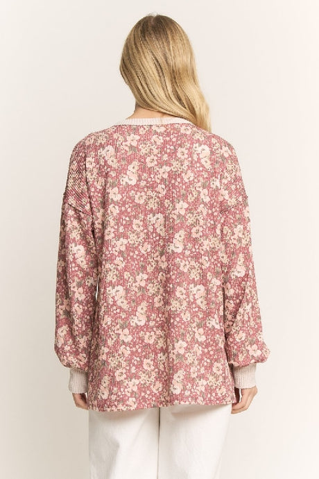 Marsala Floral Rib Knit Button Henley Top